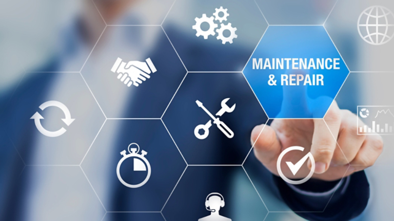 Maintenance and repair concept with icons about assistance and servicing of equipments, person touching symbols