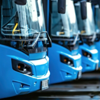 Blue city buses lined up in parking lot.