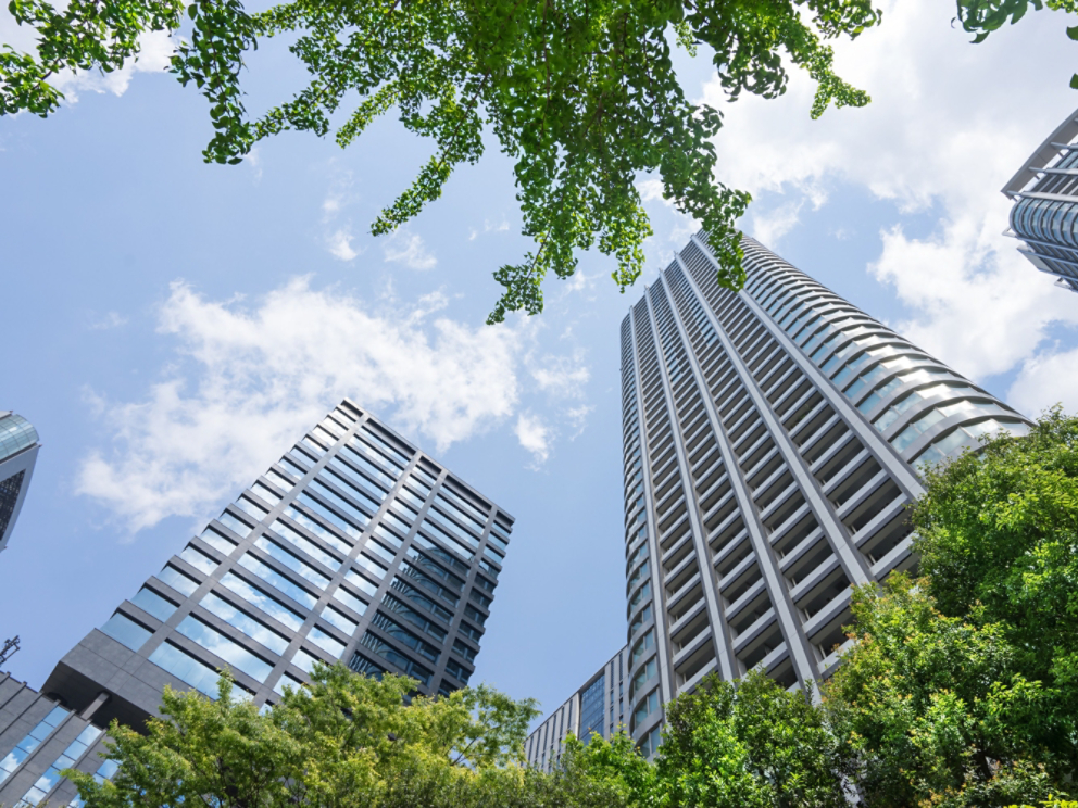 Tall Office Buildings with Trees and Clouds