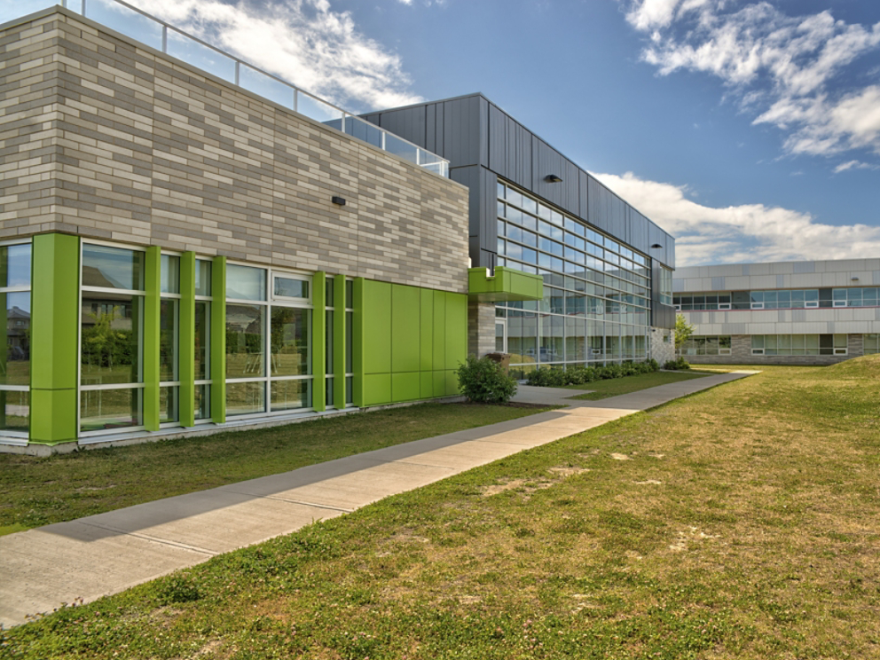 Elementary school building backside, a sunny spring day.