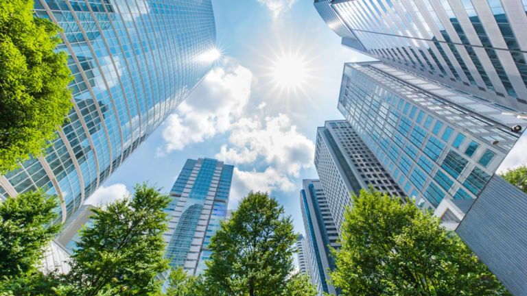 Upward view of tall buildings looking into sun