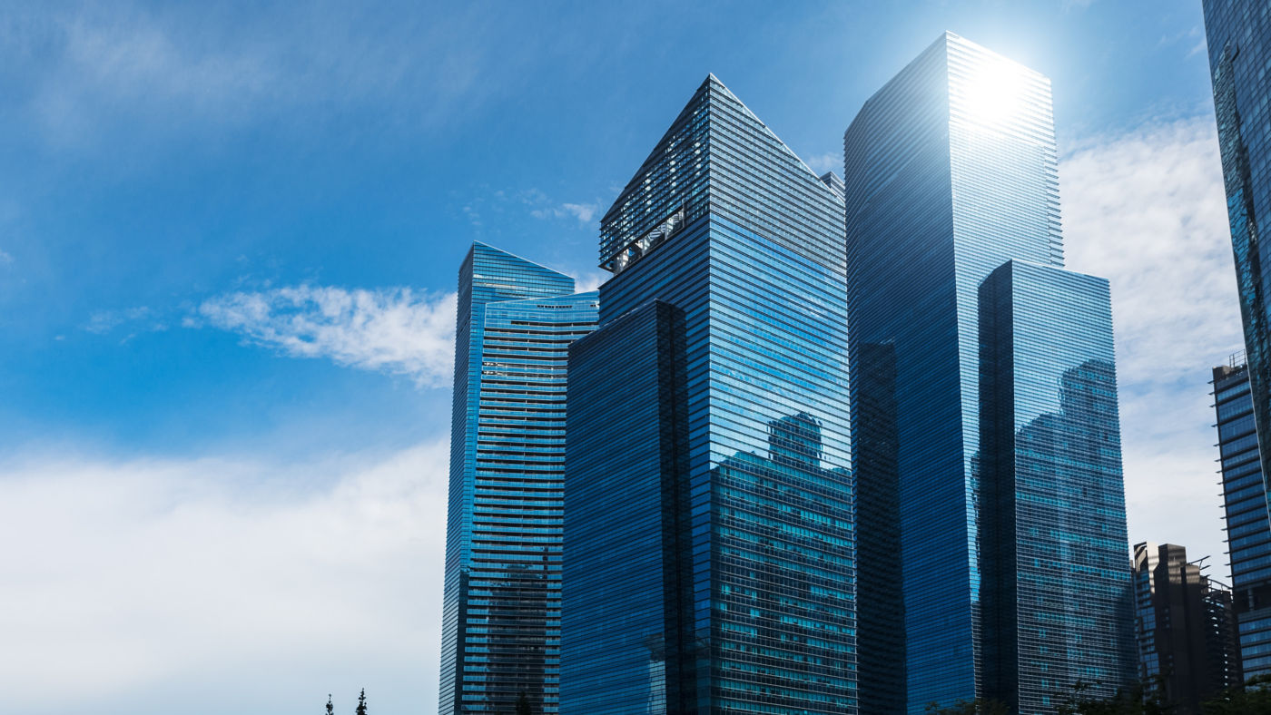 Modern blue skyscrapers at downtown district. Business landscape background. Singapore city
