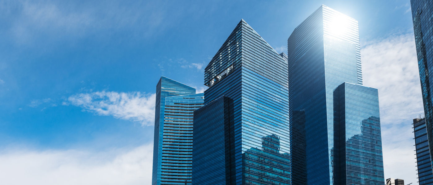 Modern blue skyscrapers at downtown district. Business landscape background. Singapore city