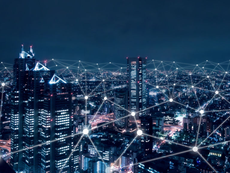 Telecommunication network above city, wireless mobile internet technology for smart grid or 5G LTE data connection, concept about IoT, global business, fintech, blockchain