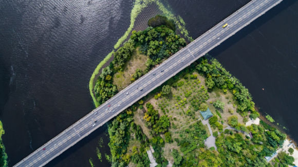 Bridge going over river and island