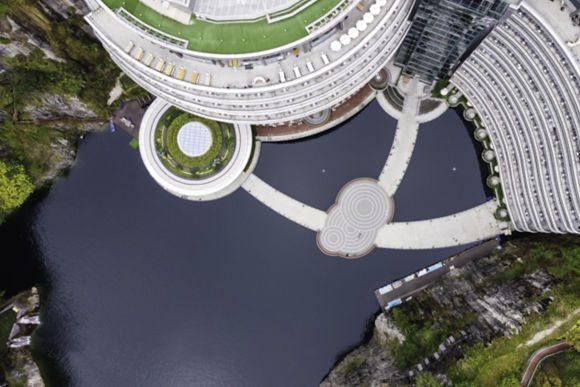 High end modern hotel overlooking lake