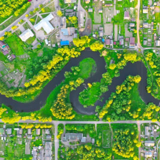 River through residential neighborhood