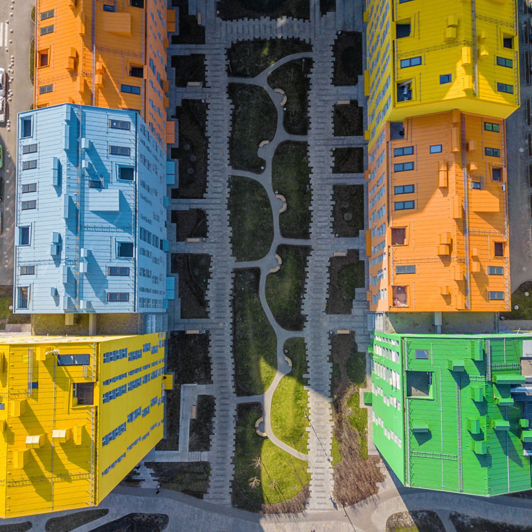 Aerial Colorful buildings on a city street