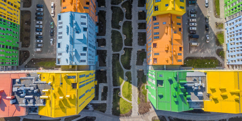 Aerial Colorful buildings on a city street