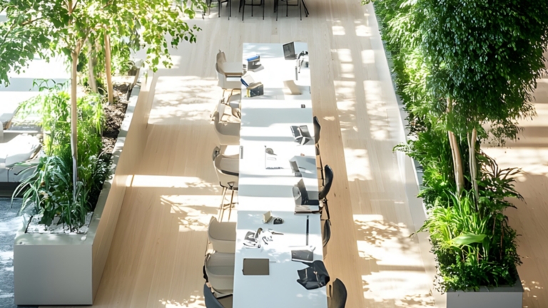 Modern Office Interior with Abundant Greenery and Natural Lighting