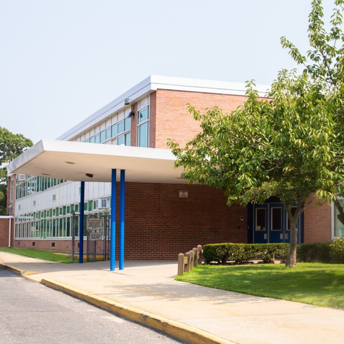 View of typical American school building exterior 