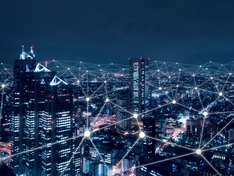 Telecommunication network above city, wireless mobile internet technology for smart grid or 5G LTE data connection, concept about IoT, global business, fintech, blockchain