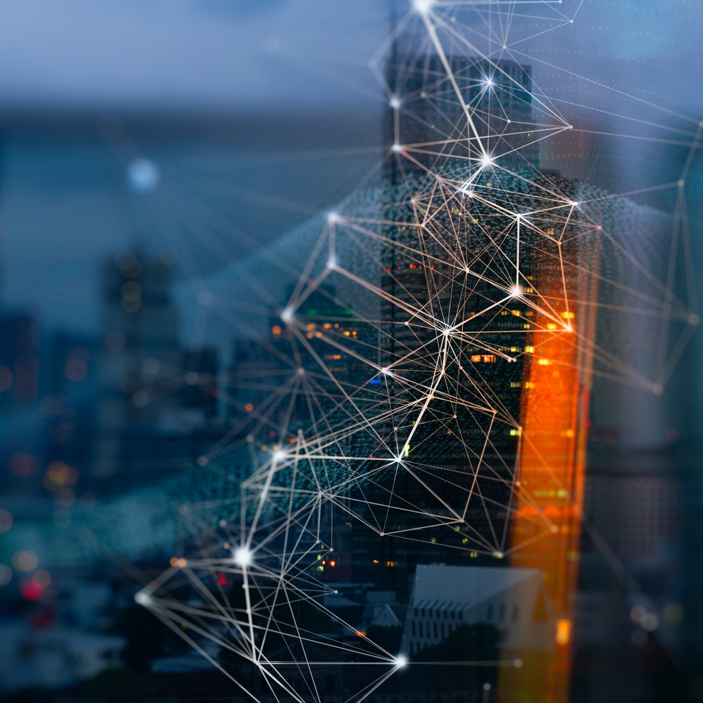 Wireless network and Connection technology concept with Abstract buildings and city background