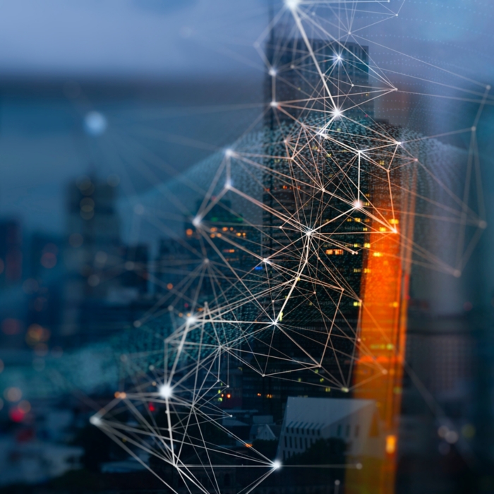 Wireless network and Connection technology concept with Abstract buildings and city background