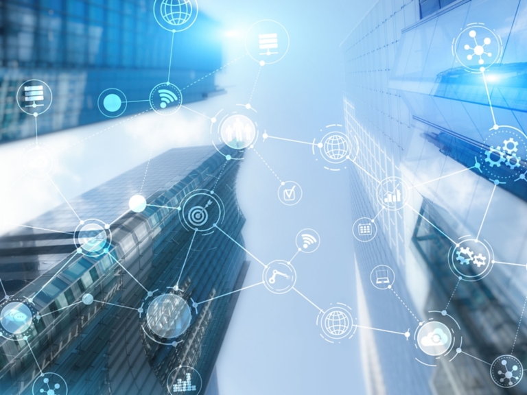 Smart City and Wireless Communication Network. Business District with office building. IOT modern technology concept.