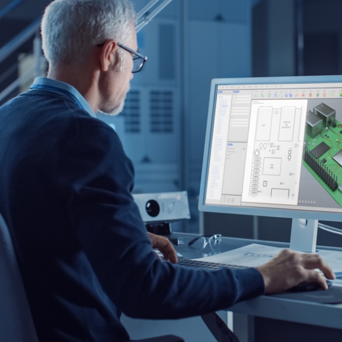 Engineer Works on Computer Uses CAD Software to Design 3D Industrial Machinery Component. In the Background Robot Arm Concept Standing in Heavy Industry Engineering Facility. Over the Shoulder Shot