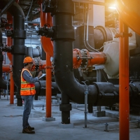 A engineer under checking the industry cooling tower air conditioner is water cooling tower air chiller HVAC of large industrial building to control air system.