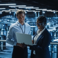 Data Center Female System Administrator and Male IT Specialist talk, Use Laptop. Information Technology Engineers work on Cyber Security Protection in Cloud Computing Server Farm.