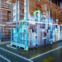 Futuristic Technology Retail Warehouse: Digitalization and Visualization of Industry 4.0 Process that Analyzes Goods, Cardboard Boxes, Products Delivery Infographics in Logistics, Distribution Center