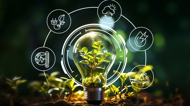 Natural Climate Solutions Concept: Taking Action to Combat Greenhouse Gas Emissions and Enhance Carbon Storage in Forests Sustainable energy with bulb and icons.