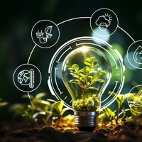 Natural Climate Solutions Concept: Taking Action to Combat Greenhouse Gas Emissions and Enhance Carbon Storage in Forests Sustainable energy with bulb and icons.