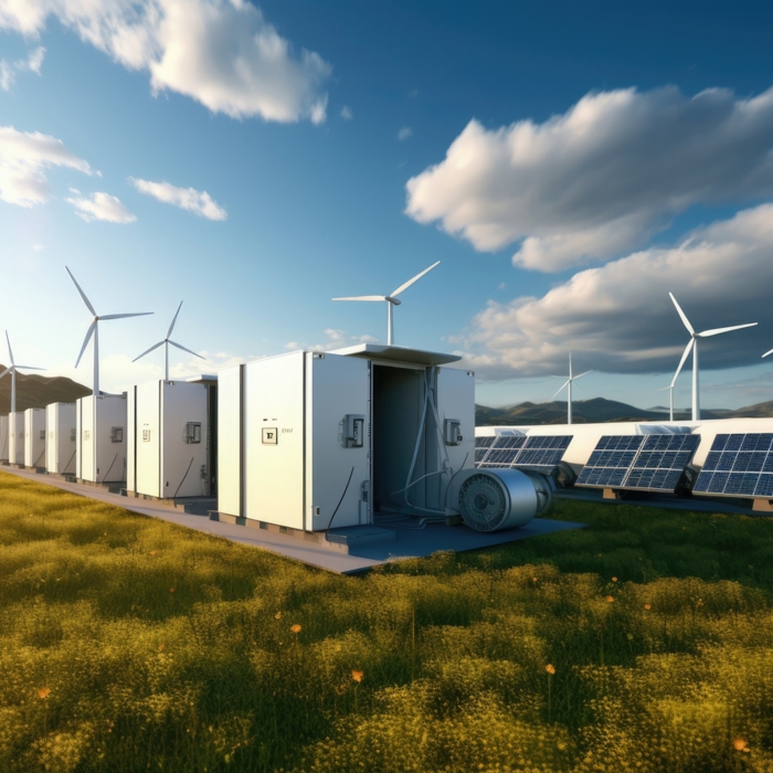 Conceptual image of a modern battery energy storage system with wind turbines and solar