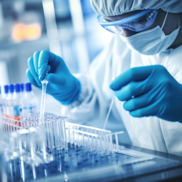 scientist handling a micro pipette, with the lab high-tech equipment. Modern and pristine laboratory