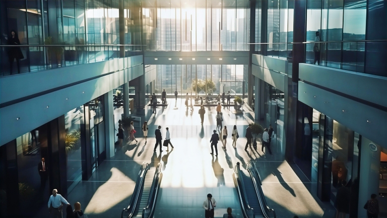 Motion blur of walking people silhouettes a big glass lobby with beautiful morning sun lights reflection. Office skyscraper entrance hall