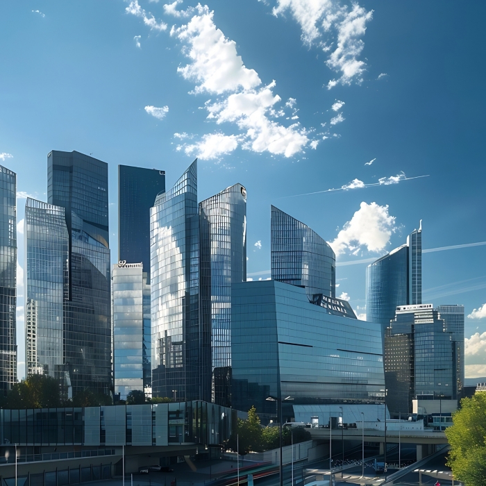 Generative AI : Modern buildings. Glass facade skyscrapers on a bright sunny day