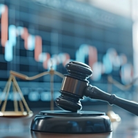 Stock market regulatory board with gavel judge and law scale. Concept Stock Market Regulations, Legal Oversight, Judicial Proceedings, Gavel and Scales of Justice, Financial Compliance