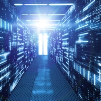 3D Rendering of data center room with abstract data servers and glowing led indicators, abstract network and ceiling lights. For Big data, machine learning, artificial intelligence concept background.