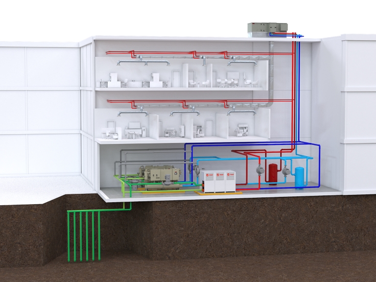 Illustration of a centralized Trane geothermal heat pump system