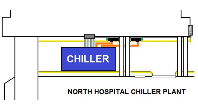 An illustration noting the temporary location of the chiller equipment at N 13th Street.