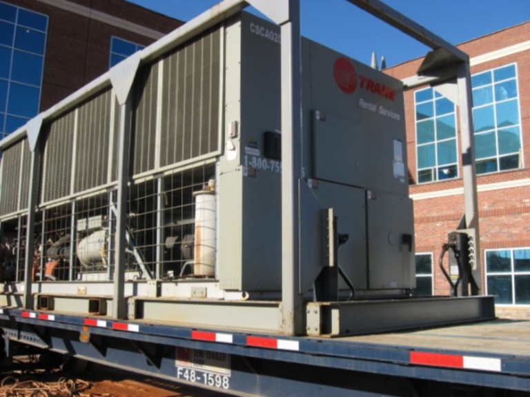 Air-Cooled Chiller Rental in Front of Building on Trailer