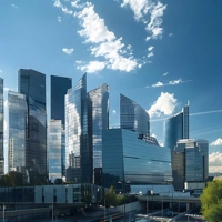 Generative AI : Modern buildings. Glass facade skyscrapers on a bright sunny day