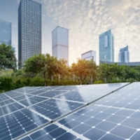 Ecological energy renewable solar panel plant with urban landscape landmarks